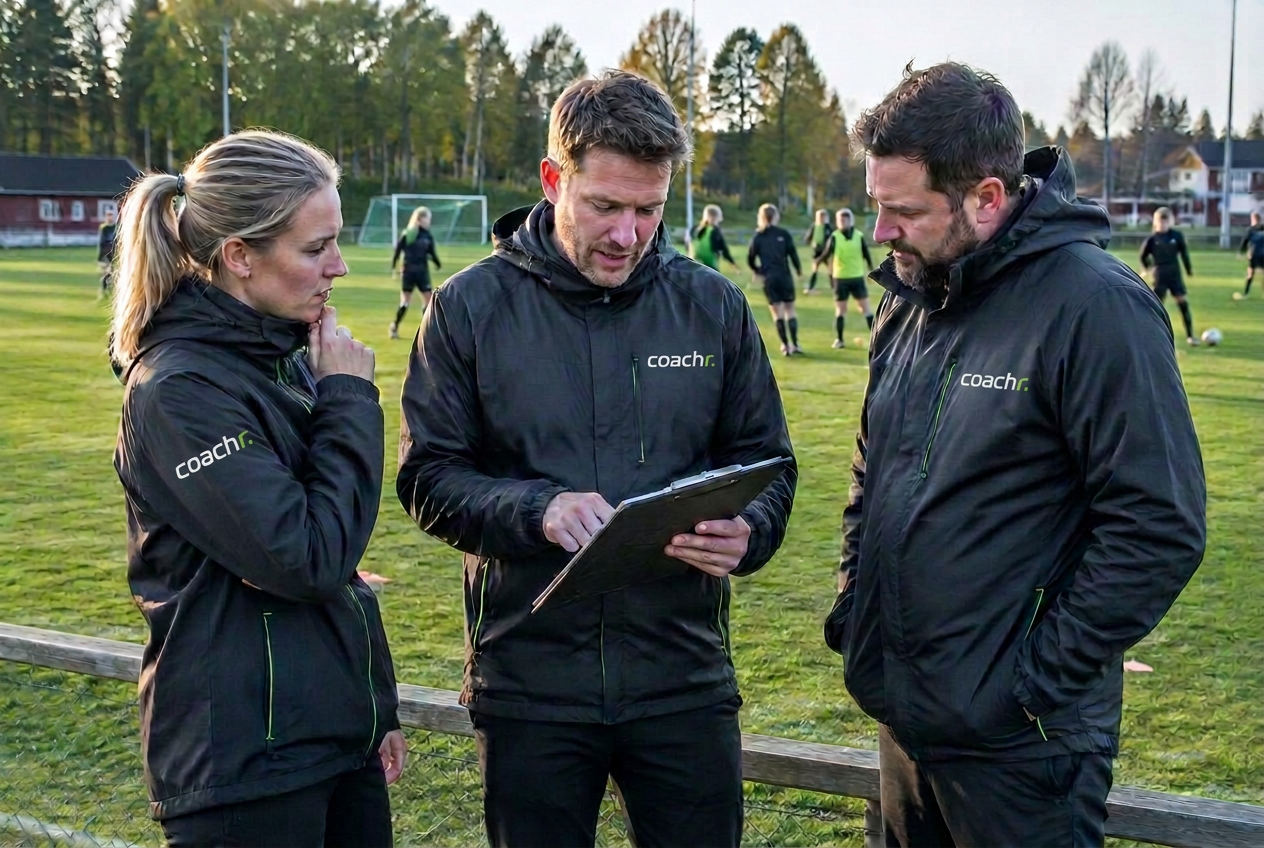 Illustration av tränare som diskuterar vid fotbollsplanen
