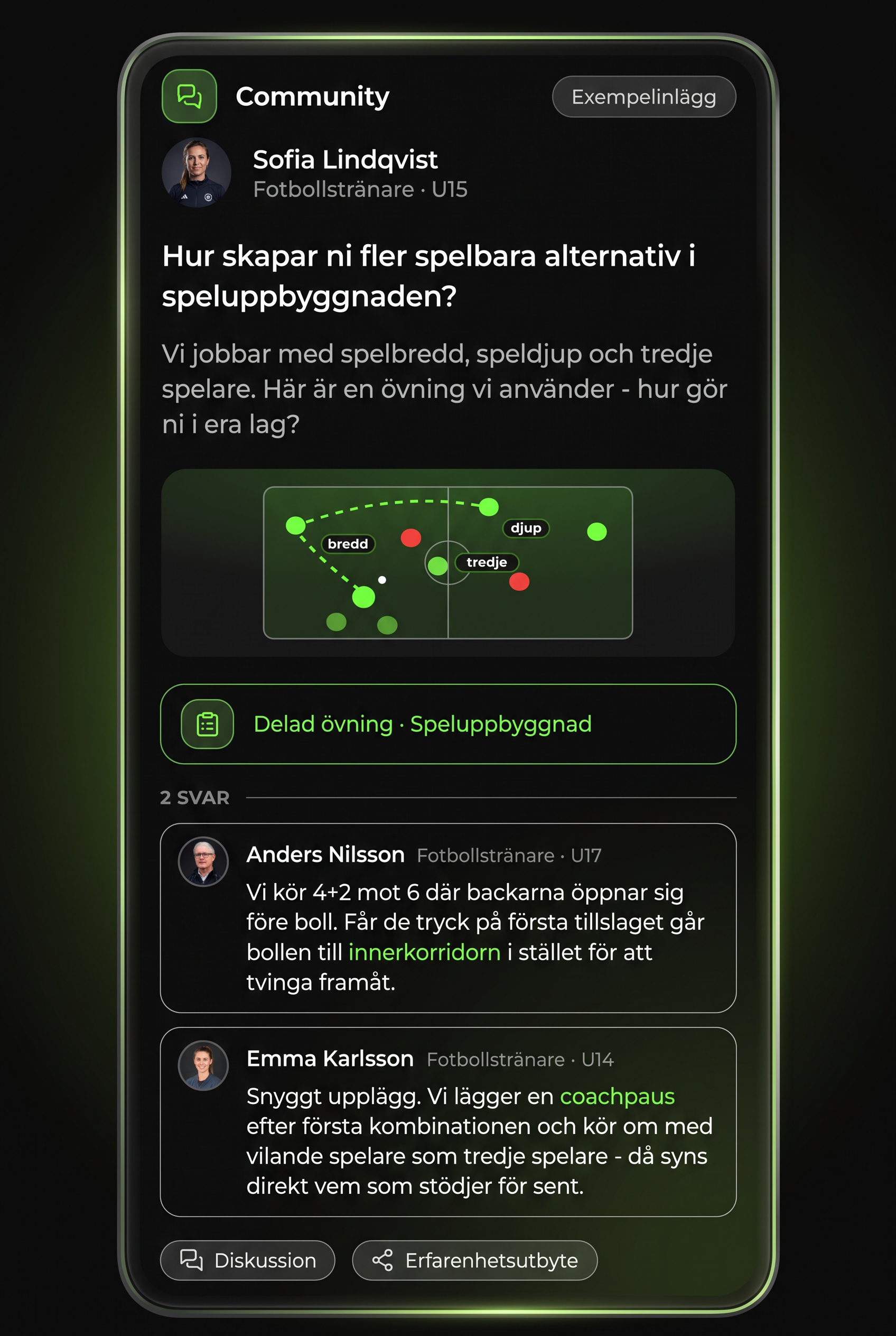Community-exempel med Sofia Lindqvists inlägg om speluppbyggnad, en taktiktavla och svar från Anders Nilsson och Emma Karlsson.