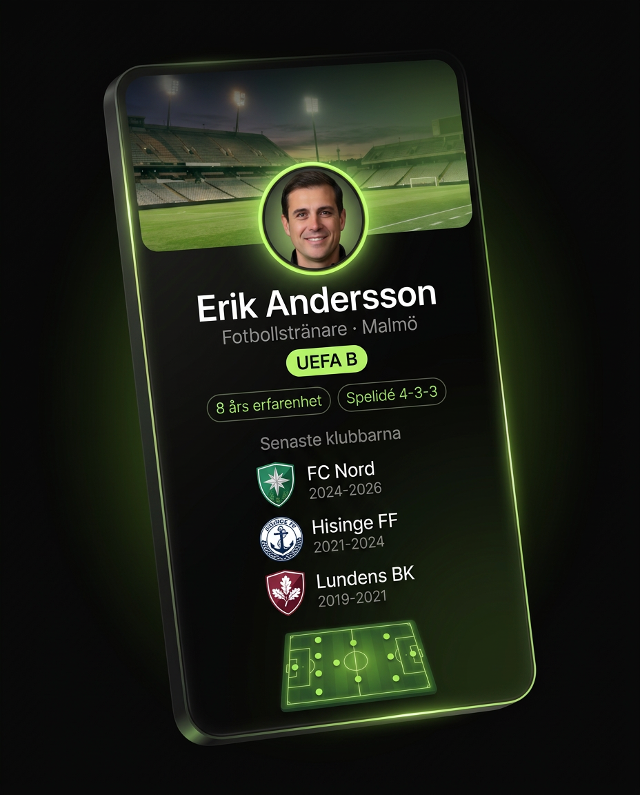 Exempelprofil för Erik Andersson med arenabild, UEFA B-licens, spelidé och klubbhistorik med illustrerade klubbemblem.